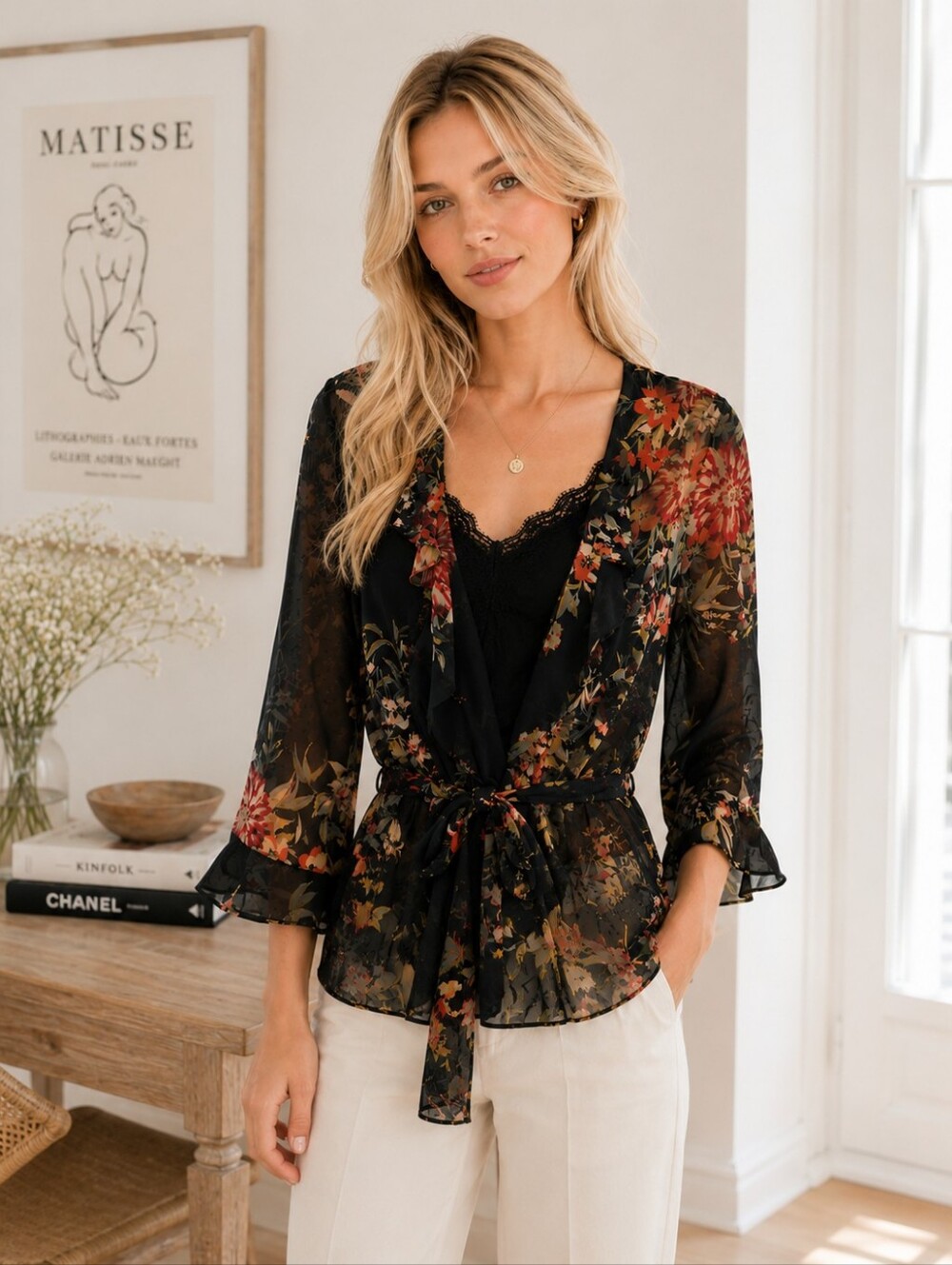ELLE | Sheer Floral Wrap Blouse  | Size Small Romantic Feminine Parisian Chic